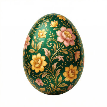 Deep emerald green Easter egg with vibrant yellow and pink flower painting, isolated on white background