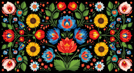 Fototapeta premium Vibrant folk art floral pattern with sunflowers and roses on black background Low Polygonal