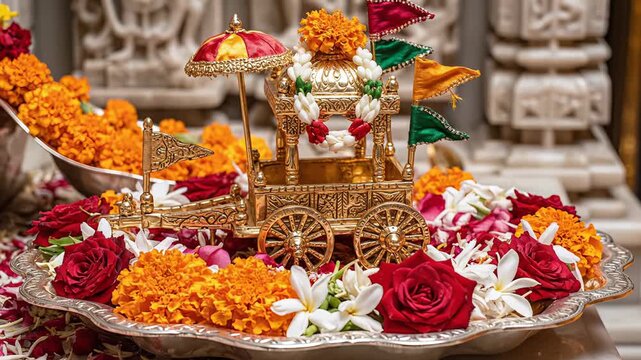 Golden Chariot Offering Decorated With Marigold Roses White Flowers And Red Bangles