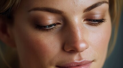 Fototapeta premium Serene woman s face in extreme close up showcasing gentle expression soft makeup and delicate skin details