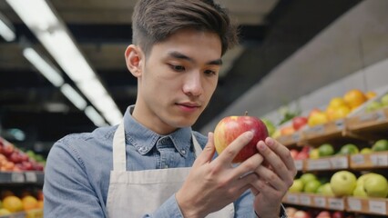 Fototapeta premium Young European male grocery worker inspecting apple for freshness in fruit aisle of supermarket