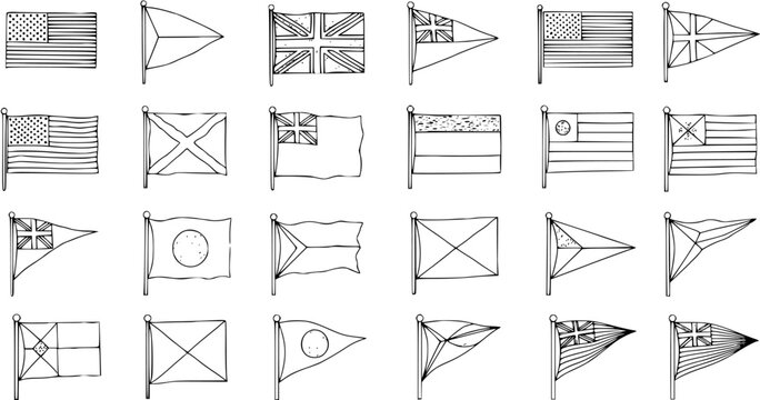 Hand-Drawn Vintage Flags Collection: Nautical Pennants, National Banners, and Historical Ensigns in Black and White Sketch Style.