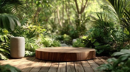 Wooden product podium in lush tropical forest with green foliage 