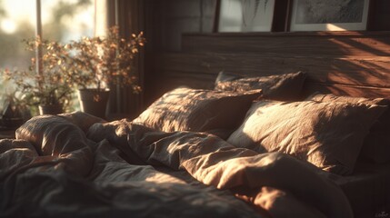 Cozy serene bedroom with hand touching soft linen sheets