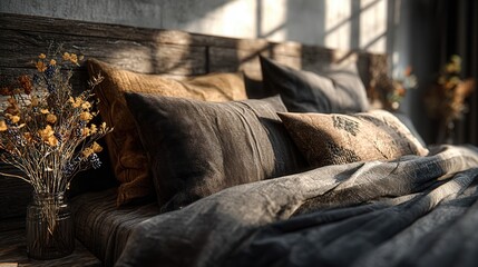 Cozy serene bedroom with hand touching soft linen sheets
