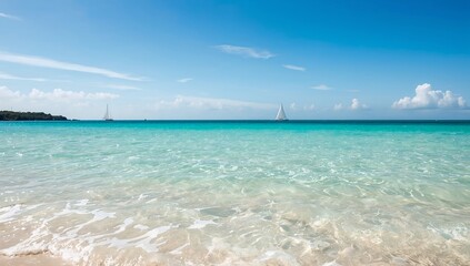 Fototapeta premium Crystal clear ocean with a view of boats on the horizon, a perfect summer day by the sea