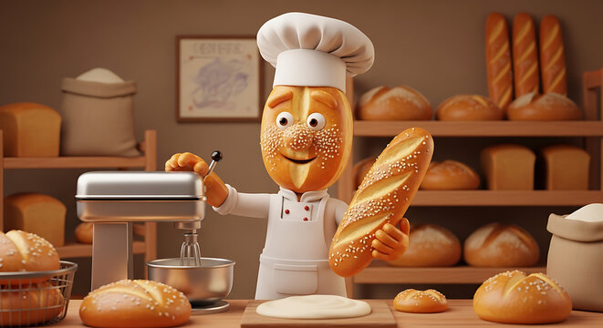 Funny cartoon bread character as baker in bakery holding baguette next to electric mixer machinery