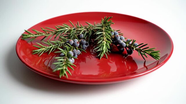 Seamlessly looping abstract slow rotation of a perfect circular scarlet plate adorned with fresh natural juniper foliage against a clean white surface graphic, slow, rotation
