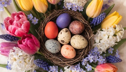 Happy Easter Flat Lay with Eggs in Nest and Spring Flowers - 11