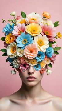 Surreal woman portrait with floral headdress covering eyes on pink background, international women's day march 8, women's rights, gender equality, inclusion, diversity, empowerment, solidarity