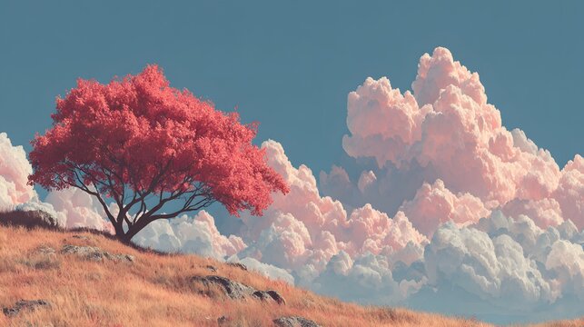 Solitary tree with vibrant red autumn foliage standing on a grassy hill under large pink cumulus clouds in a blue sky with painterly lights.