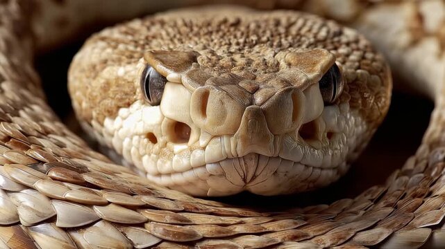 Close look at an adult rattlesnake resting indoors, showing details of its head and body on a textured surface
