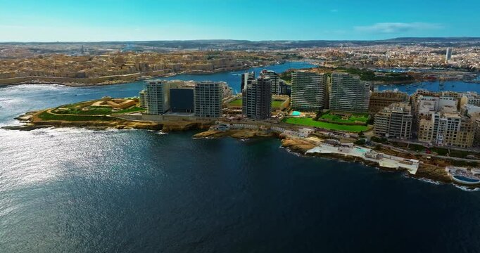 Aerial view of Sliema with modern real estate and a beautiful waterfront. Malta, Mediterranean, Europe