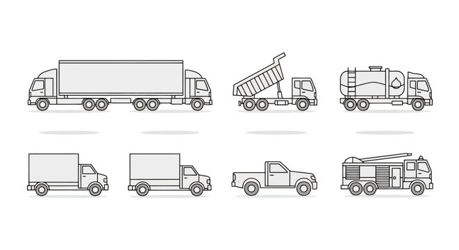 Collection of various truck illustrations in line art style.