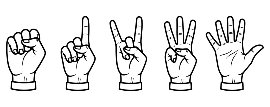 Black and white line art vector illustration of hands counting from zero to five