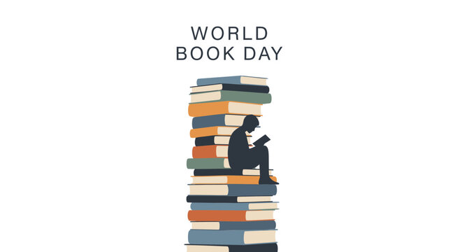 World Book Day icon, book stack with reading person silhouette, literacy symbol, isolated on transparent background