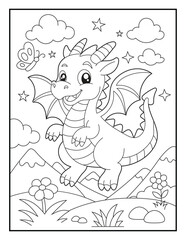 Obraz premium Mythical creature activity sheet for toddlers. A cute little dragon character soaring through the sky with stars and clouds. Simple and bold line art Coloring page for early learners.