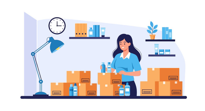 Woman Standing Amongst Cardboard Boxes and Packages.