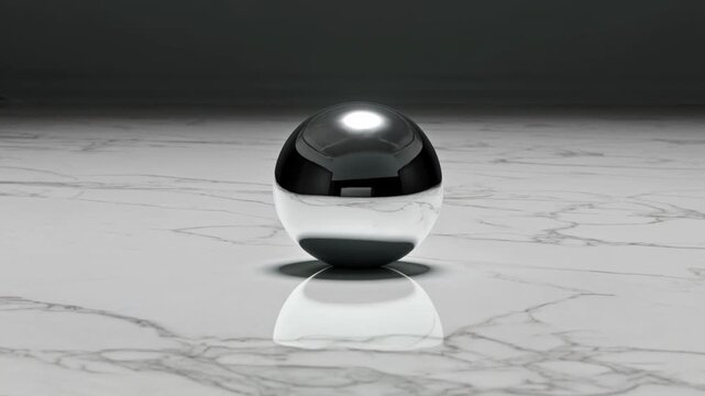Reflective black and silver sphere transitions from a dome shape to a floating orb and finally settles as a perfect sphere on a polished marble surface
