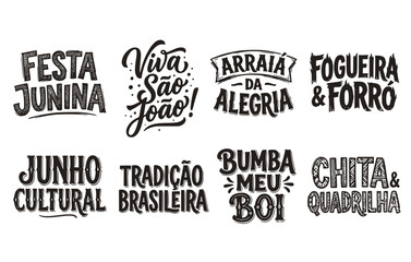 Fototapeta premium Black White Halftone Festa Junina Typography Brazilian June Party Set 8 Sketch Festival Lettering Text-Celebration Traditional Font Vector Set