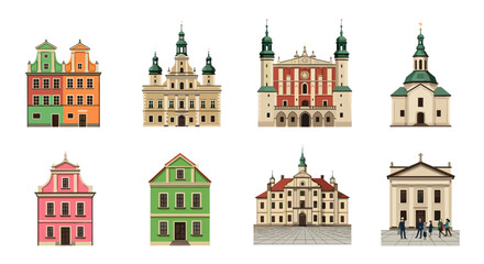 Collection of colorful European historical buildings and churches in flat design style Low Polygonal