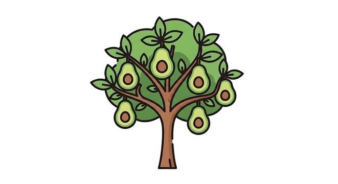 Avocado tree with ripe avocados hanging from branches, symbolizing healthy food, organic produce, and natural abundance, vibrant illustration