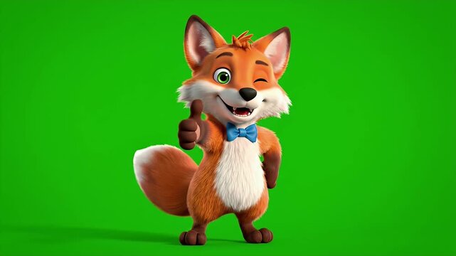Cartoon Fox Character on Green Screen - This video features an orange cartoon fox with a blue bow tie, against a vibrant green screen background.