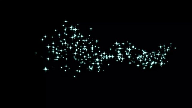 Magical twinkling stars animation over black screen with sparkling glitter dust, glowing particle trails, and white flat vector doodle shine effects