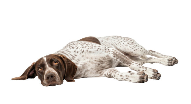 Sleeping dog with brown and white fur lies down on its side in a relaxed position with eyes transparent background and plain white background