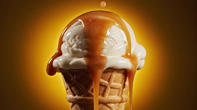 Caramel sauce dripping on vanilla ice cream cone
