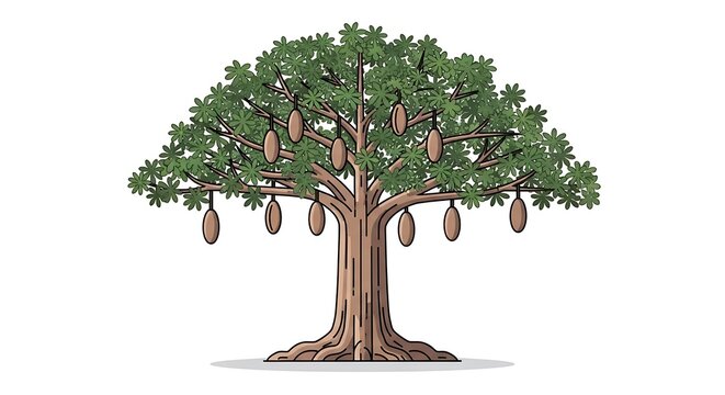 Sausage tree illustration with numerous distinctive long, pendulous fruits hanging from its branches against a white background