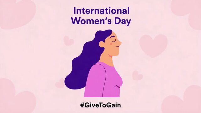 International women's day celebration, female empowerment illustration, purple and pink theme, woman's profile with hearts background, support and unity, give to gain hashtag, solidarity, inclusion