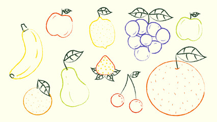 Hand drawn fruit set in colorful crayon style. Collection of fresh fruits including banana, apple, lemon, grapes, orange, pear, strawberry and cherry isolated on light background. Perfect for packagin