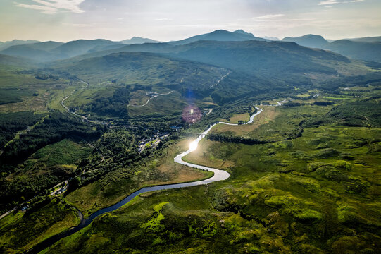 Aerial view of winding river in Scottish Highlands