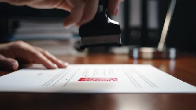 Stamping Document with Approved Stamp on Desk
