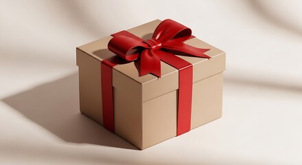 Fototapeta premium Elegant gift box with red ribbon on white background minimalist present packaging