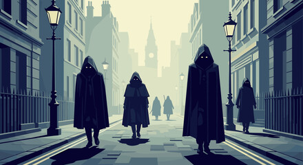 Mysterious figures in cloaks with glowing eyes walk down a foggy London street Low Polygonal