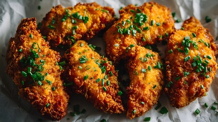 Flat lay of golden crispy fried chicken tenders arranged on white parchment paper, garnished with green chives under bright studio lighting.