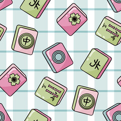 Seamless pattern featuring hand drawn mahjong tiles with chinese characters and floral motifs on a pastel grid background for textiles and stationery © Marie