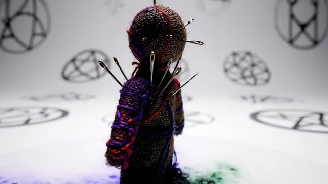 Spooky voodoo doll pierced with needles, symbol of witchcraft and black magic on decorated surface