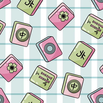 Seamless pattern featuring hand drawn mahjong tiles with chinese characters and floral motifs on a pastel grid background for textiles and stationery