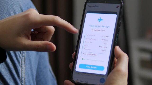 Close-up of user checking mobile banking app, reviewing transactions and opening flight ticket receipt. Modern fintech interface, secure digital payment and online travel booking concept. Perfect for