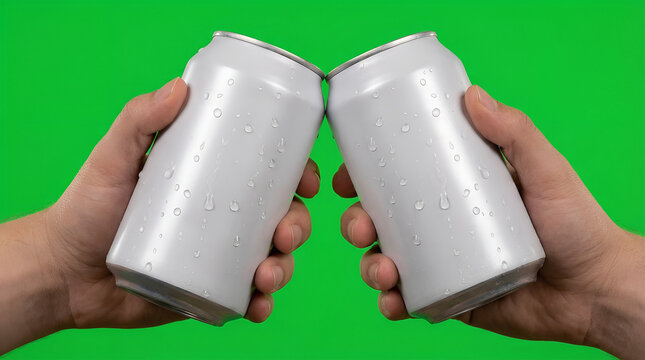 Two men holding white metal cans making a toast on green background. Cold beverage packaging mockup with water drops. Banner template of refreshment and celebration, brand advertising with copy space.