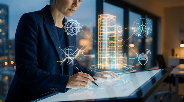 Lead architect designing sustainable smart city skyscraper using 3D holographic blueprint technology