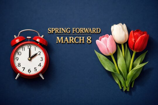  Daylight Saving Time Begins. "Spring Forward March 8" Golden Text on Dark Blue Background with Red Alarm Clock and Fresh Tulips. Top View Flat Lay Concept