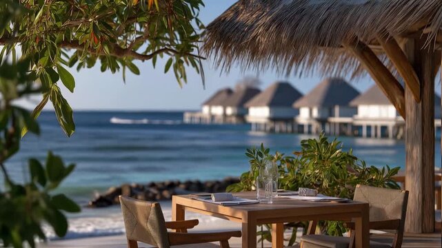 culinary experience at overwater bungalows with breathtaking views of the ocean, where gourmet dining meets the tranquility of beachside living in a picturesque paradise. cinematic color