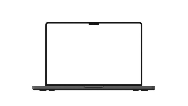 Front view of a black laptop on an isolated background and transparent screen. Realistic template for web design, app, and presentation.
