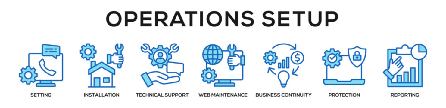 Blue - Operations Setup web banner icon vector illustration concept for business with icon of Setting, installation, Technical Support, Web maintenance, Business Continuity, Protection,.
