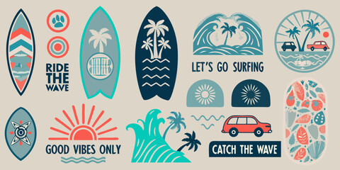 Colorful surfboards waves and summer themed emblems in a vector illustration © KrishnaPada