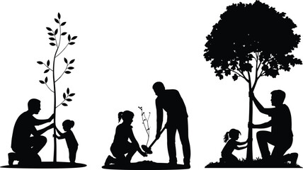 Family planting tree silhouette illustration, parents and children gardening together, environmental conservation concept, eco friendly lifestyle, teamwork outdoor activity, black vector isolated.